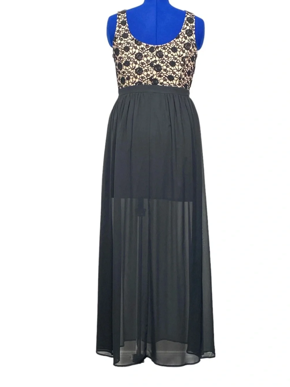 LC Lauren Conrad Black Maxi Dress with Cream  Embroidered Lace Bodice
